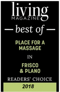 Black award plaque reading “Living Magazine Best of Place for a Massage in Frisco & Plano, Readers’ Choice 2018” in white and green text, celebrating expertise in oncology massage and injury recovery massage.