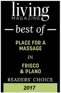 A Living Magazine plaque for "Best Place for a Massage" in Frisco and Plano, Readers' Choice, 2017, recognizing excellence in TMJ massage and neuromobility therapy.