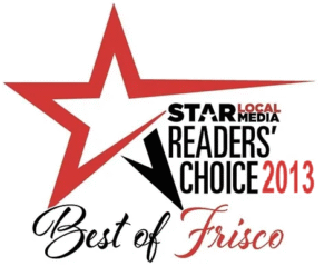 Logo with a red star and text reads: "Star Local Media Readers' Choice 2013, Best of Frisco." Recognized for excellence in Frisco massage therapy and injury recovery massage.