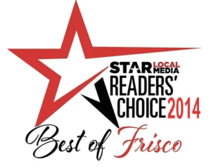 Logo with a red star and the text "Star Local Media Readers' Choice 2014 Best of Frisco," highlighting excellence in services like injury recovery massage.