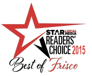 Red and black Star Local Media Readers' Choice 2015 "Best of Frisco" award logo, featuring a large red star and stylized text—honoring top Frisco massage therapy and injury recovery massage services.