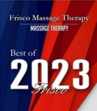 A graphic with red, white, and blue diagonal stripes, displaying the text: "Frisco Massage Therapy, Best of 2023 Frisco," highlighting our award-winning massage therapy team Frisco.