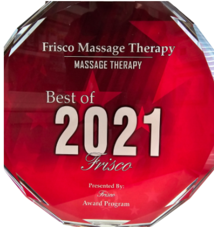 Red glass award plaque reading "Frisco Massage Therapy, Best of 2021 Frisco, Presented By: Frisco Award Program," highlighting the excellence of the massage therapy team Frisco with a striking geometric design.