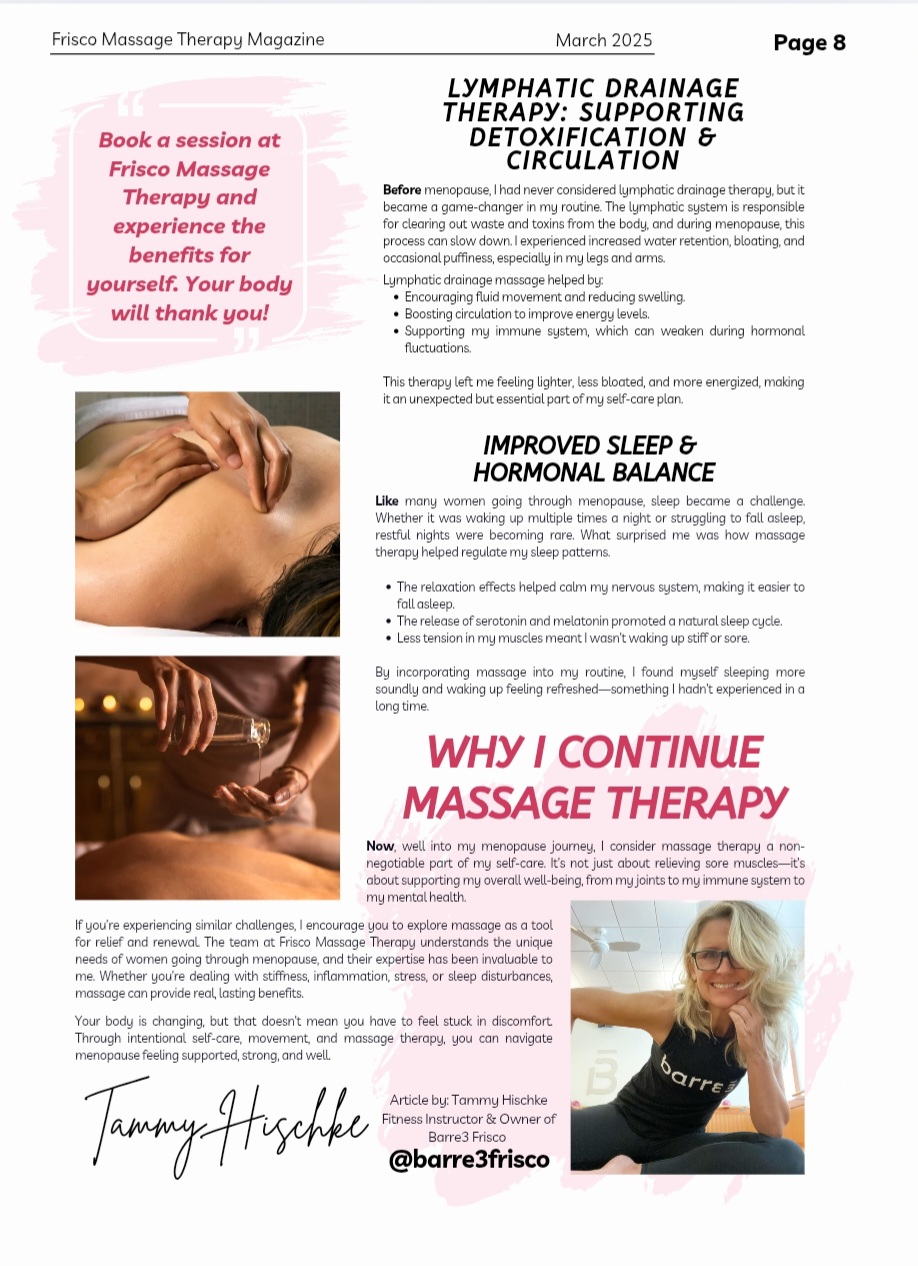 A magazine page discussing lymphatic drainage therapy benefits, improved sleep, and massage experiences, featuring photos of a hand massage and a woman in a barre3 shirt.