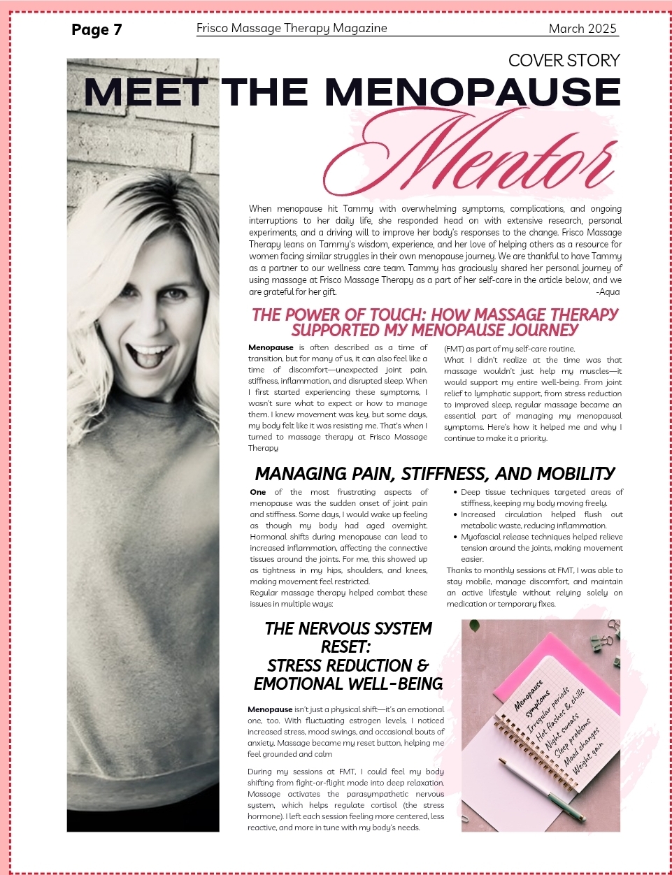 A woman with blonde hair smiles widely near a pink wall. The magazine page features an article about menopause and massage therapy, with pink and black text, and decorative floral elements.
