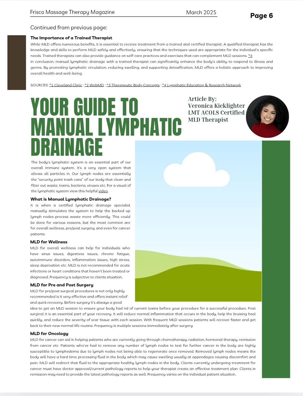 A magazine page featuring an article titled "Your Guide to Manual Lymphatic Drainage" with a photo of a smiling therapist in the top right corner and green highlighted text.