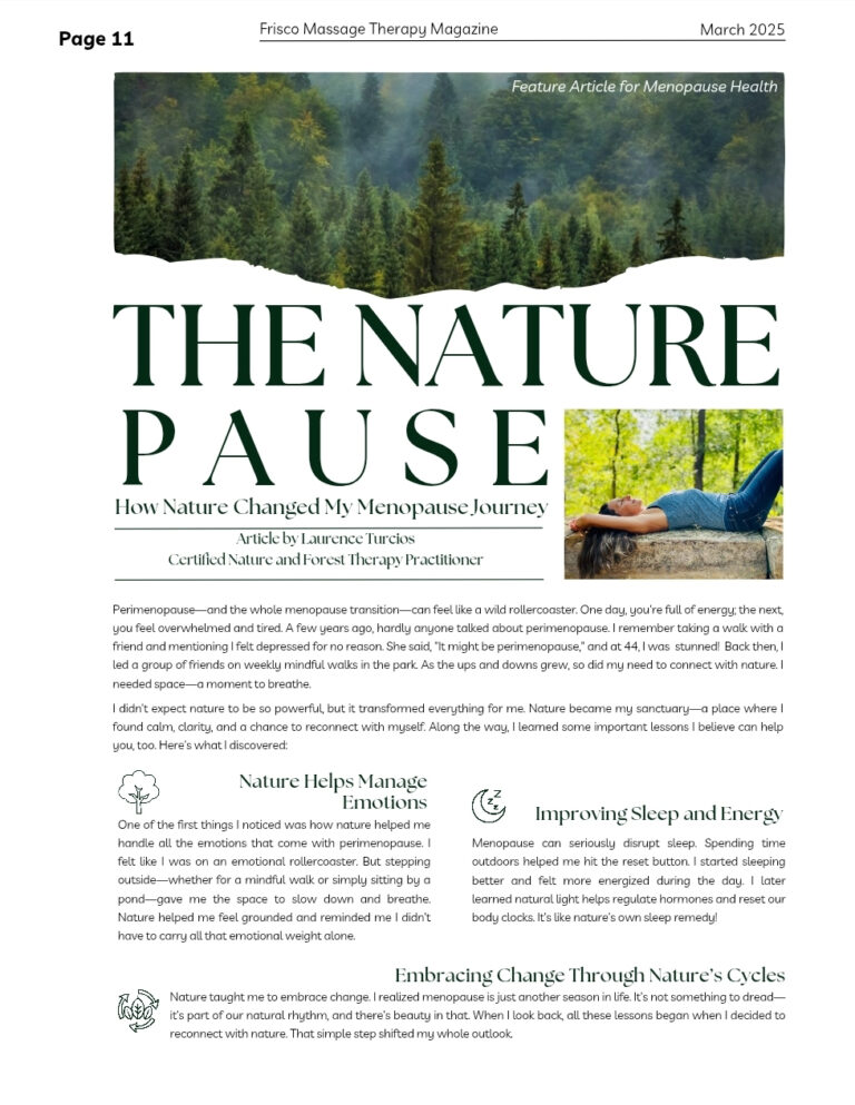 A magazine page titled "The Nature Pause" with an image of a woman relaxing on grass, discussing how nature therapy for menopause helped her manage symptoms, improve sleep, and embrace life changes.