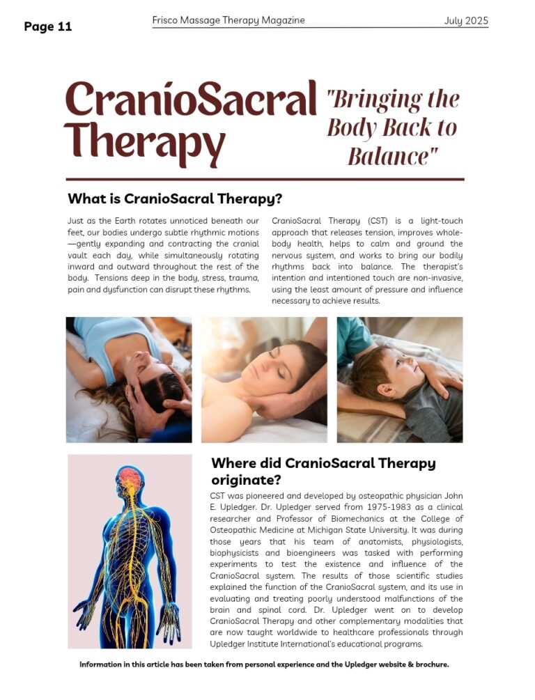 Magazine page about CranioSacral Therapy featuring text explanations, two images of women receiving gentle head massages, and a title highlighting its benefits for body balance.